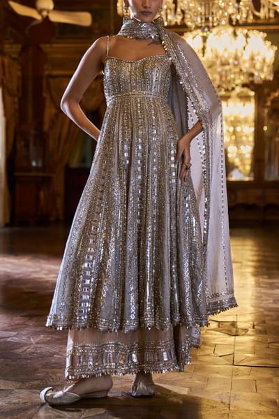 Silver and gold sequin embroidery anarkali sharara set