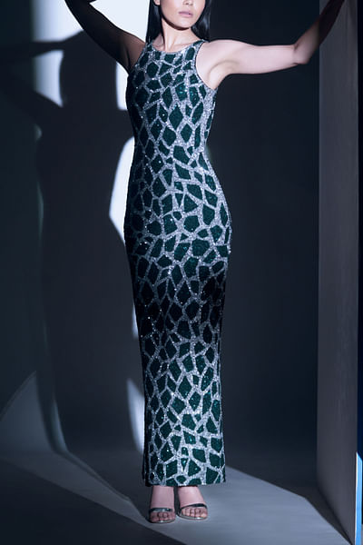 Silver and green embellished gown