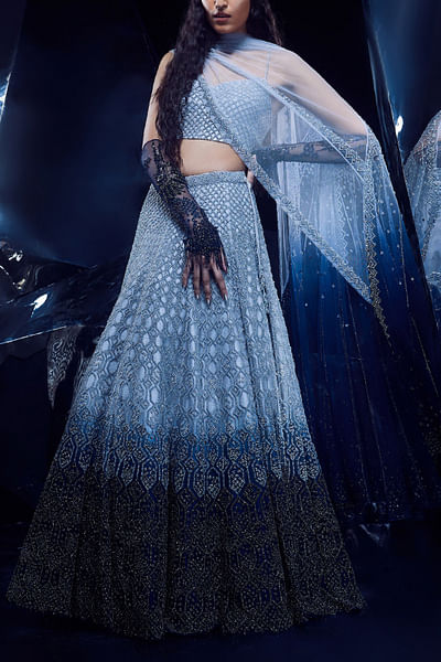 Silver and navy ombre embellished lehenga set