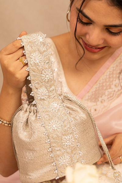 Silver banarasi bucket bag