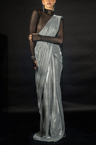 Nikhil Thampi Silver beaded shimmery pre-draped sari set NKTAPR2408