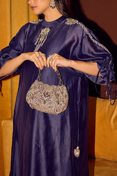 Silver beads embroidered handbag