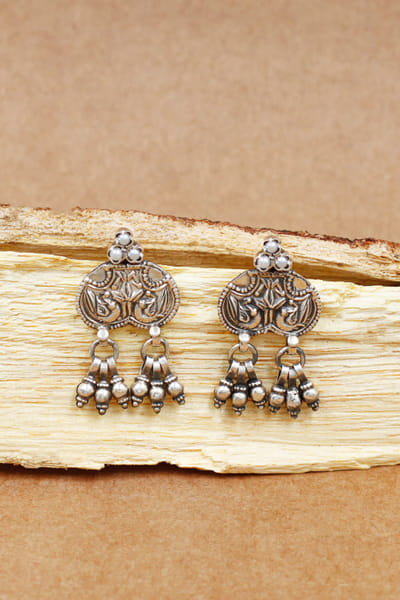 Silver bird carved oxidised earrings