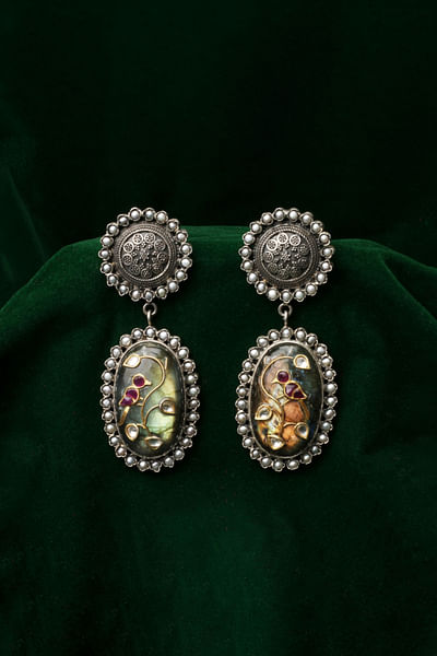 Silver bird labradorite and kundan earrings