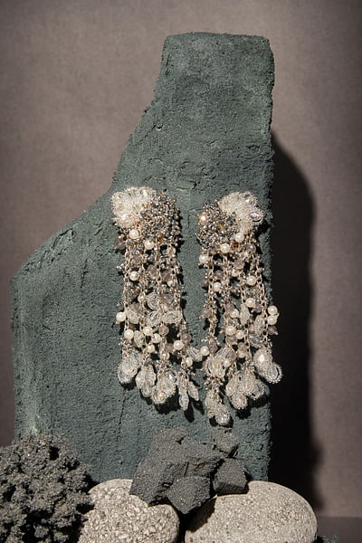 Silver crystal and pearl danglers