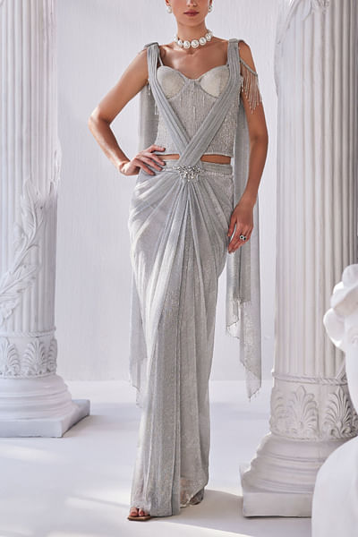 Silver embellished pre-draped sari set