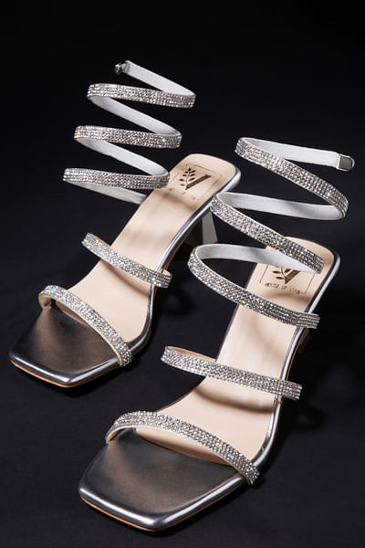 Silver embellished wrap block heels