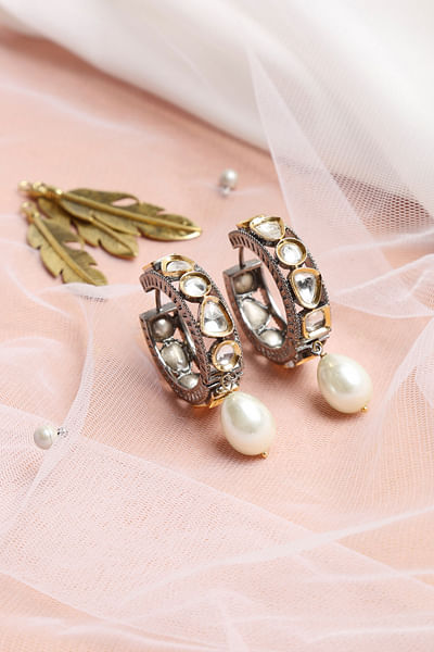 Silver faux kundan stone and pearl hoops