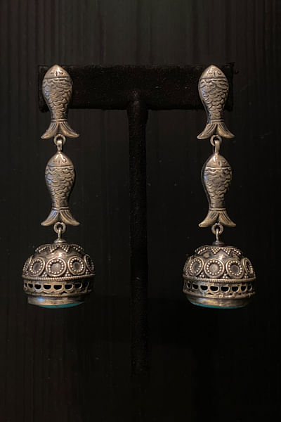 Silver fish turquoise stone jhumkas