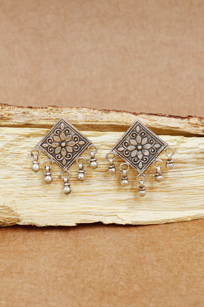 Sangeeta Boochra Silver floral carved geometric oxidised earrings SGBJUN24D2006