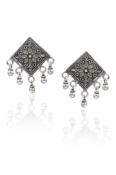 Sangeeta Boochra Silver floral carved geometric oxidised earrings SGBJUN24D2006