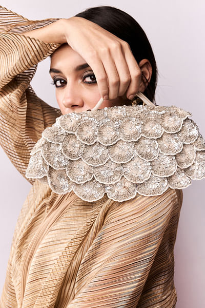Silver floral embroidered handbag