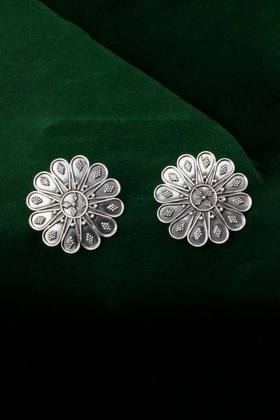 Silver floral engraved oxidised earrings