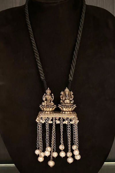 Silver Ganesh and Lakshmi tasselled necklace