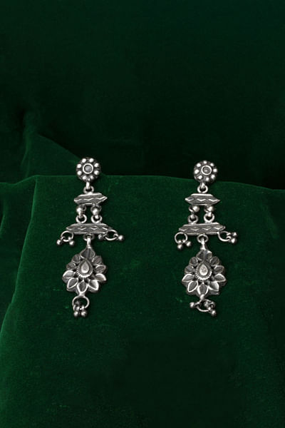 Silver geometrical and floral carved earrings