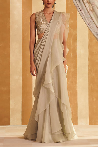 Silver green ruffled pre-draped sari set