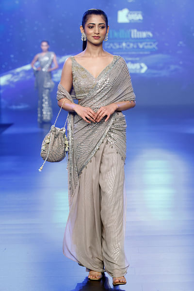 Silver grey embroidered pre-draped sari set