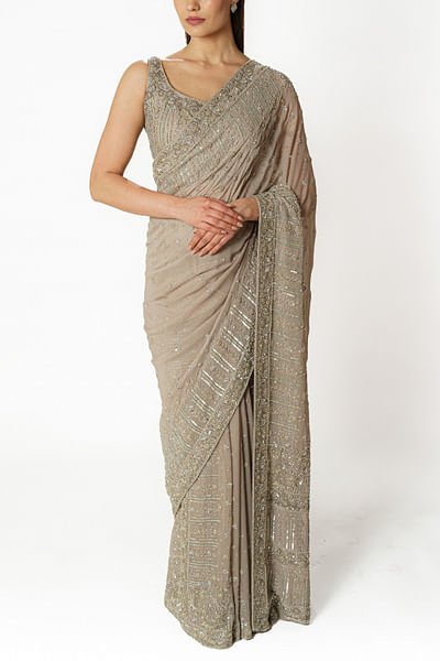 Silver grey floral embroidered sari set