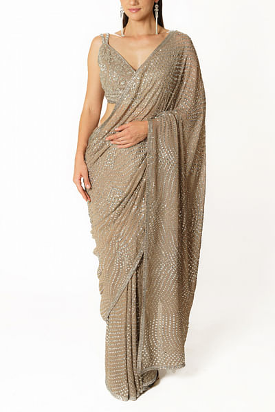 Silver grey sequin embroidered sari set