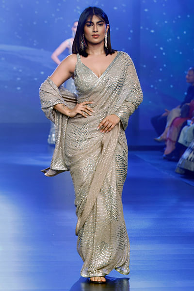 Silver grey sequins embroidered sari set