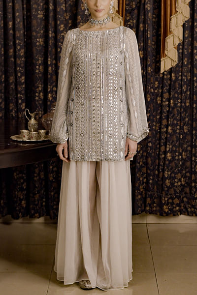 Silver & ivory zardosi embroidered set