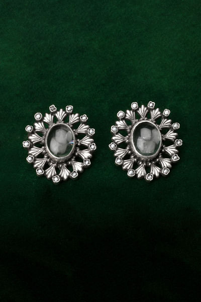 Silver labradorite engraved earrings