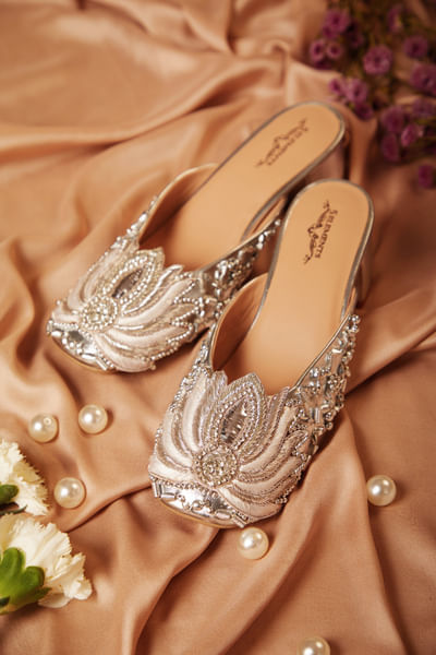 Silver lotus embroidered mule heels