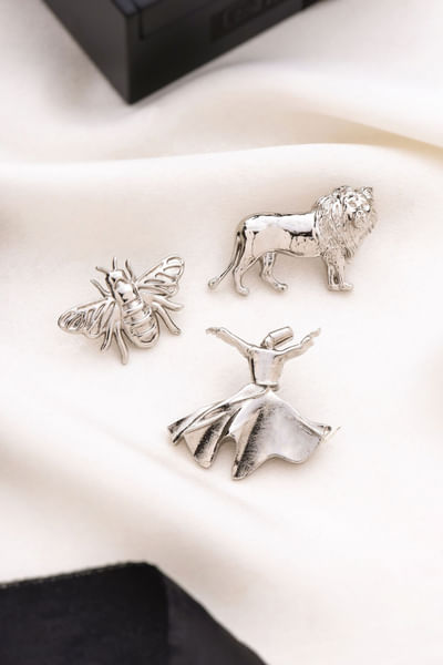 Silver magician and lion brooch gift set