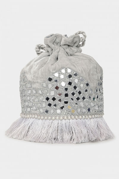Silver mirror embroidered bucket bag