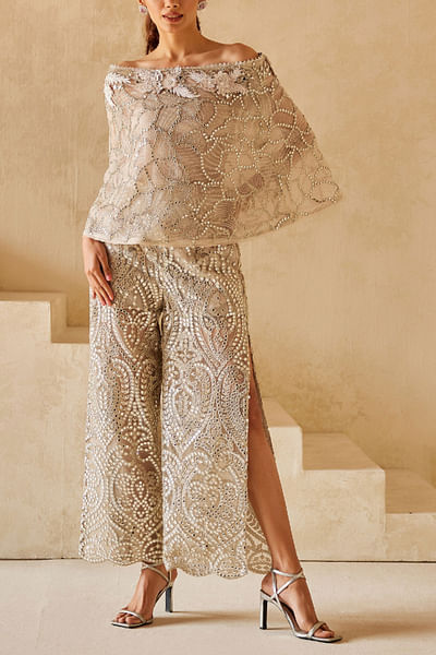 Silver mirror embroidered long slit pants