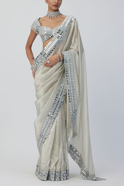 Silver mirror embroidered sari set