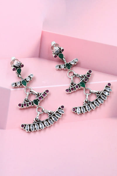 Silver multicoloured kundan danglers