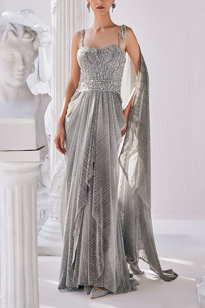 Silver ombre embellished drape sari gown