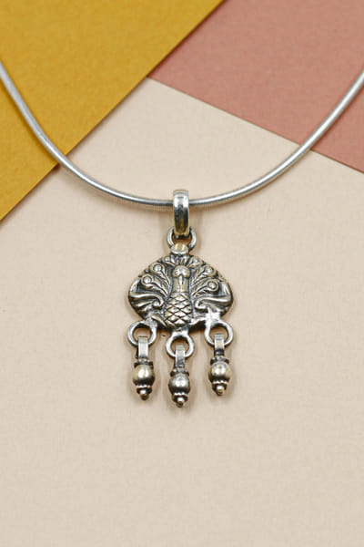 Silver peacock carved pendant necklace