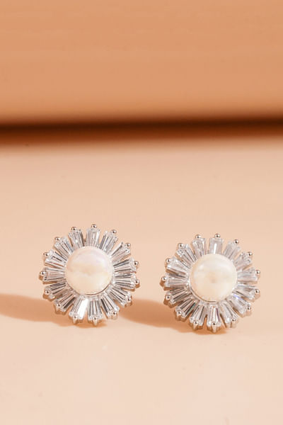 Silver pearl and cubic zirconia studs