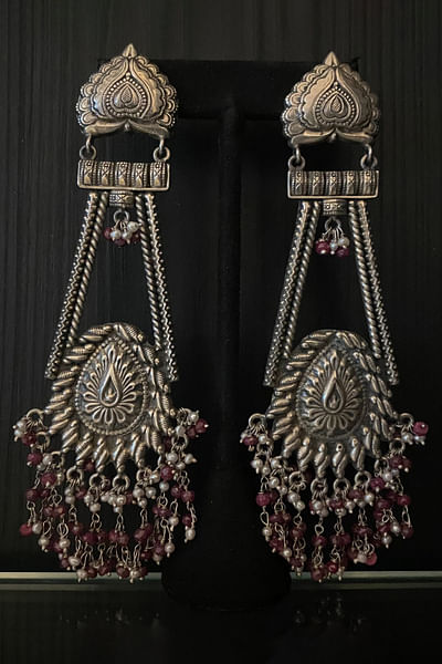 Silver pearl and semi-precious stone danglers