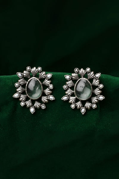 Silver rose quartz engraved earrings