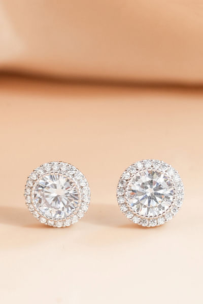 Silver round embellished solitaire studs