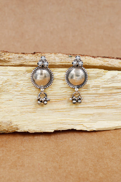 Silver round pearl oxidised earrings