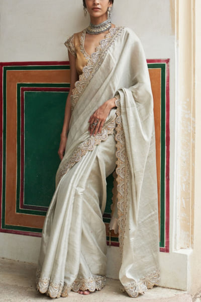 Silver scalloped embroidered sari set