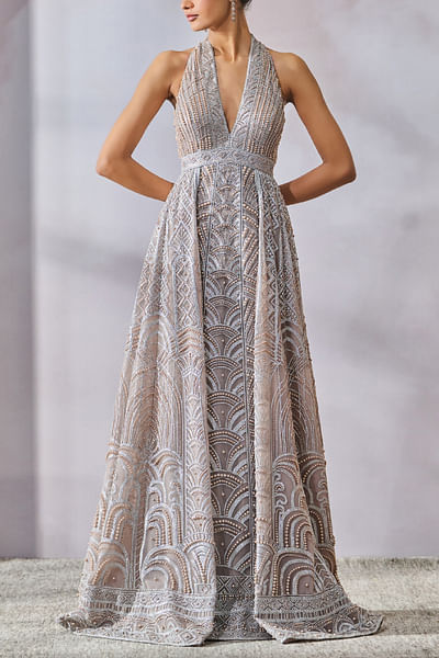 Silver sequin and pearl embellished gown