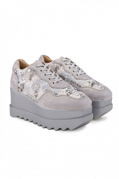Silver sequin embellished wedge sneakers