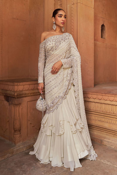 Silver sequin embroidered layered sari set