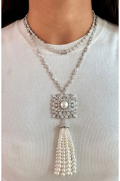 Silver Swarovski diamond pearl layered necklace