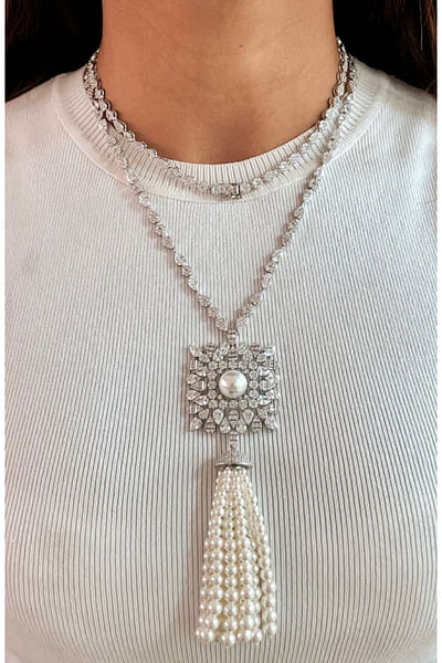 Silver Swarovski pearl layered necklace set