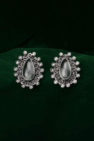 Silver teardrop labradorite engraved earrings