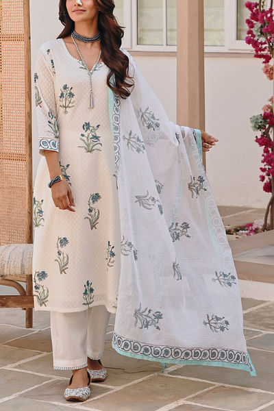 Sky blue and white floral block printed kurta set