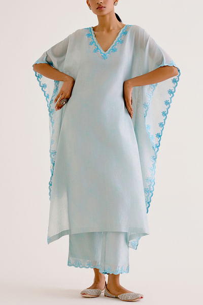 Sky blue dori embroidery printed kaftan set