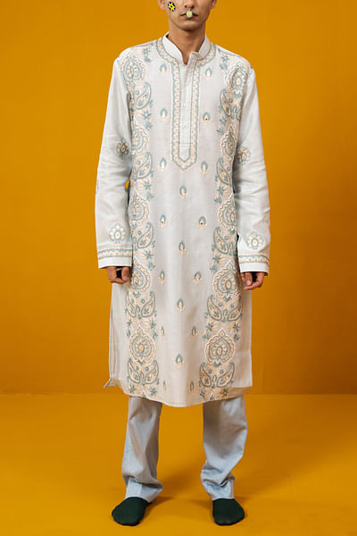 Sky blue paisley aari embroidered kurta set