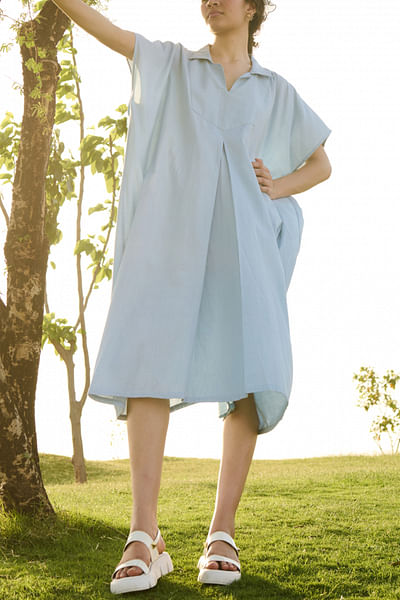 Sky blue pleated cotton dress